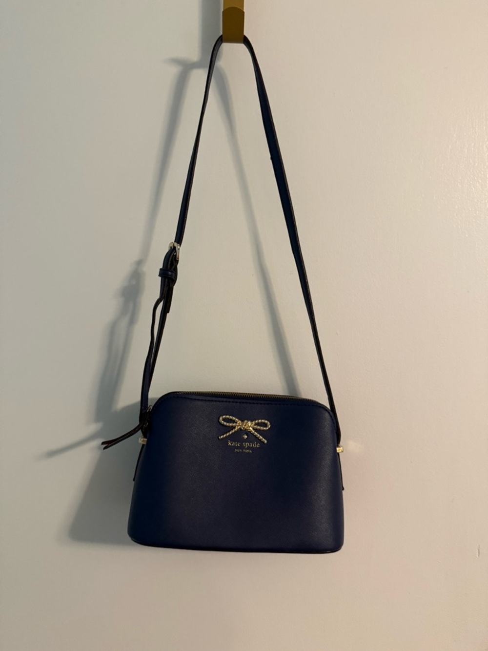 kate spade navy leather satchel with gold rope bow